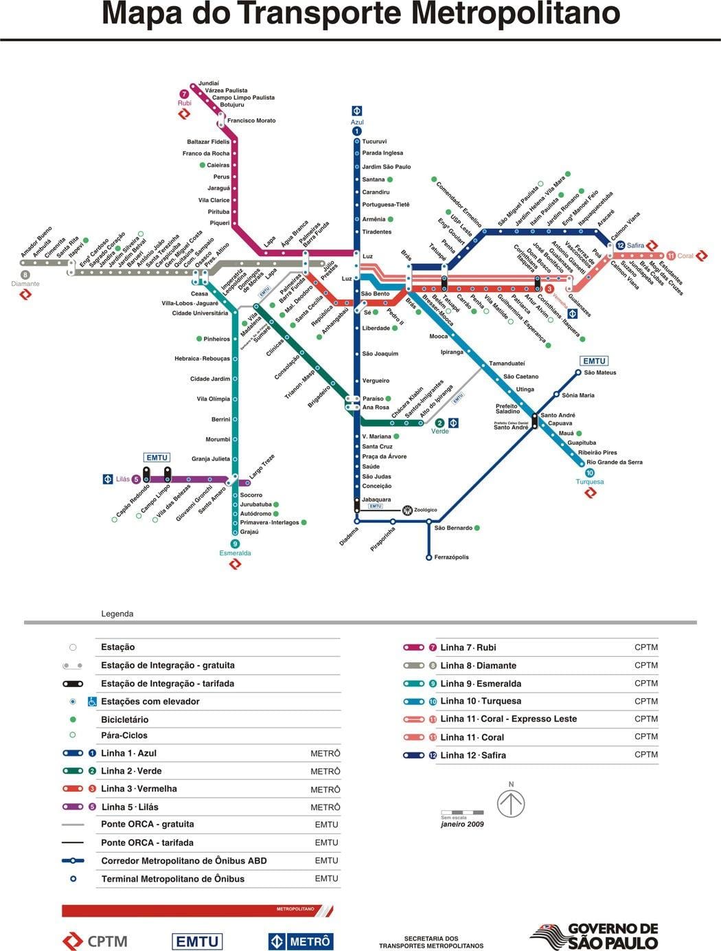 แผนที่ของ São Paulo CPTM ขนส่ง